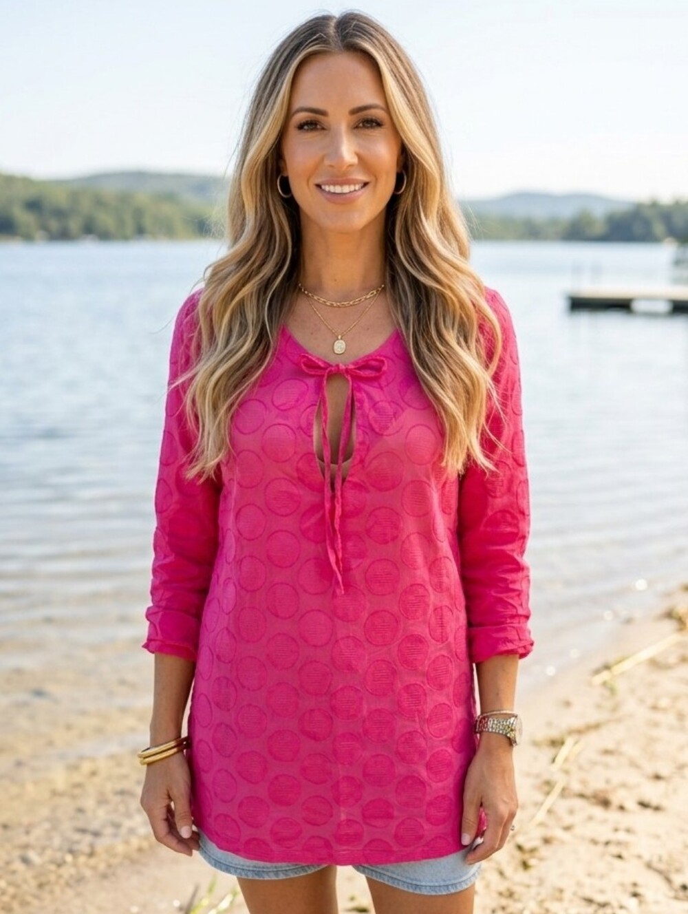 Jessica💖100%COTTON Hot Pink SEMI-SHEER Tie-Front Tunic Top/Beach Cover-up M